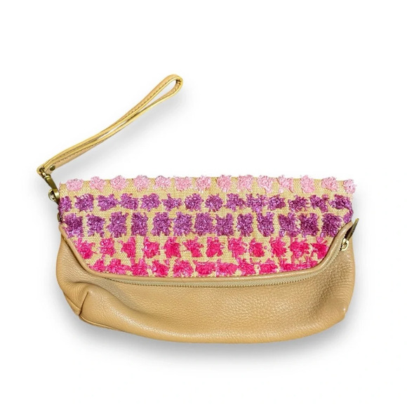 Fossil Preston Large Pink/Violet Straw Leather Fold Over Wristlet Pouch Clutch - Picture 2 of 12